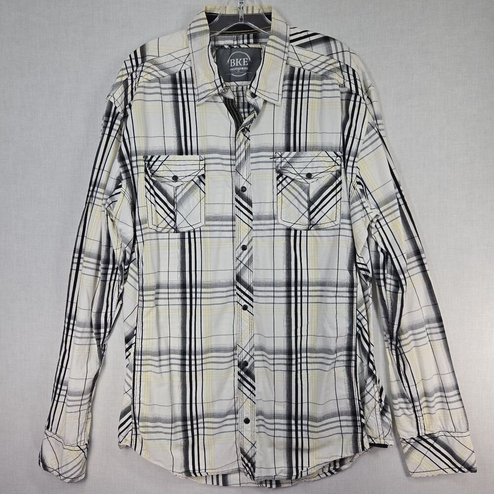 BKE Athletic Fit XL Plaid Button Up Shirt Black White Yellow Pearl Snap Western